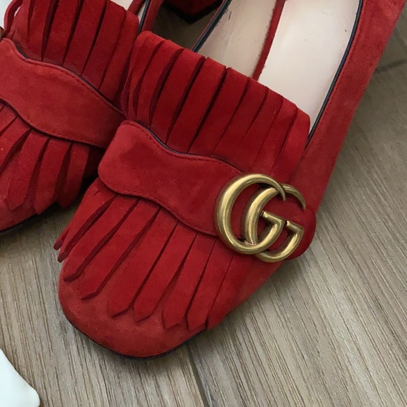 Gucci red suede marmont block mid heel loafers 36 - Picture 4 of 7